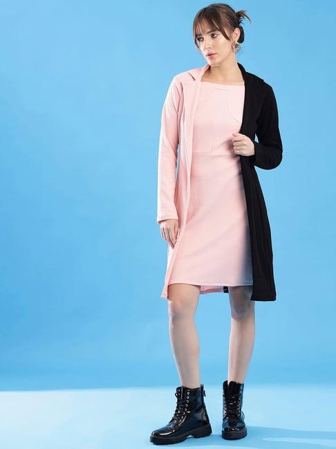 selvia peach & black color-block a line dress with jacket