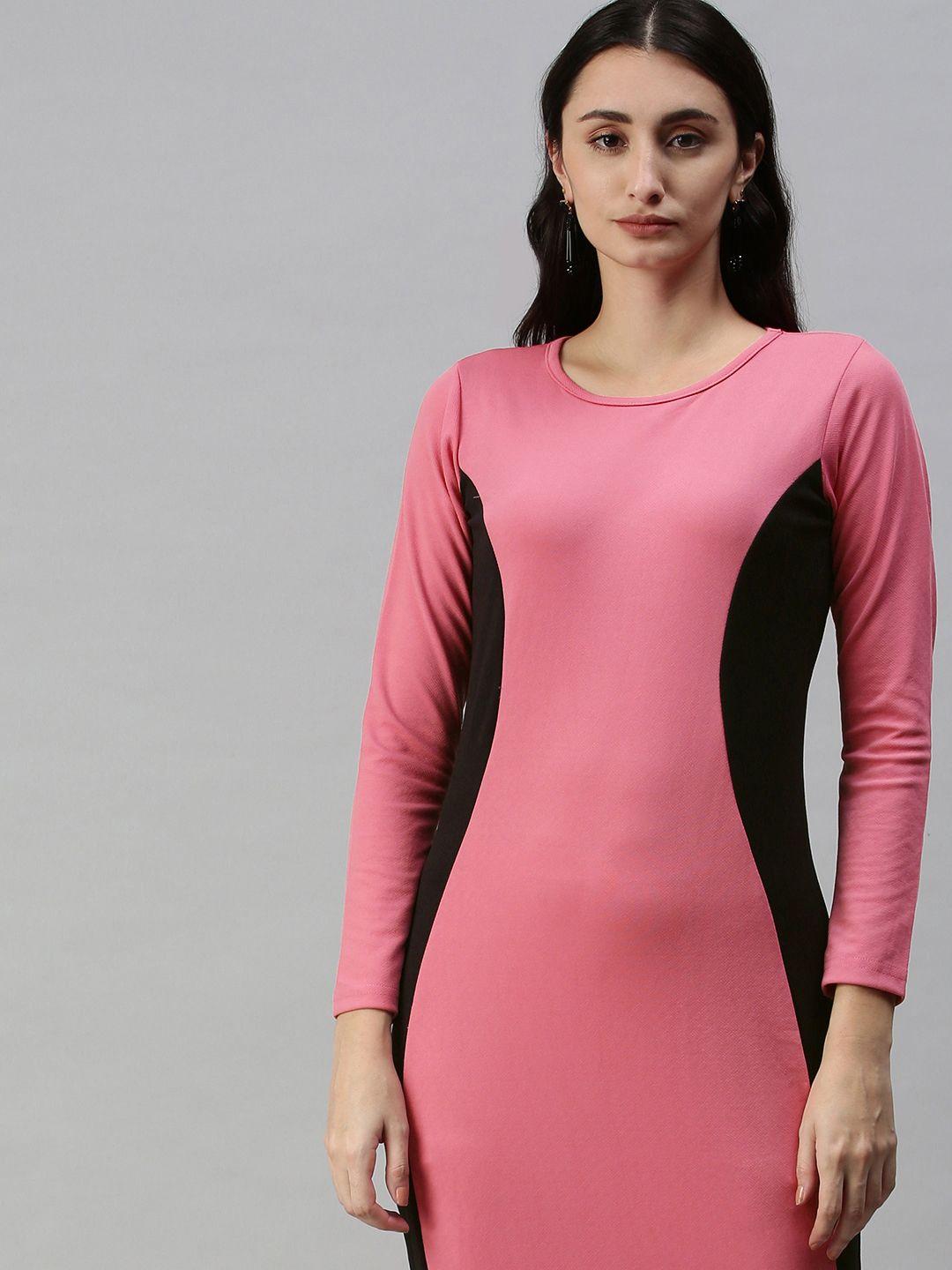 selvia pink & black colourblocked scuba bodycon midi dress