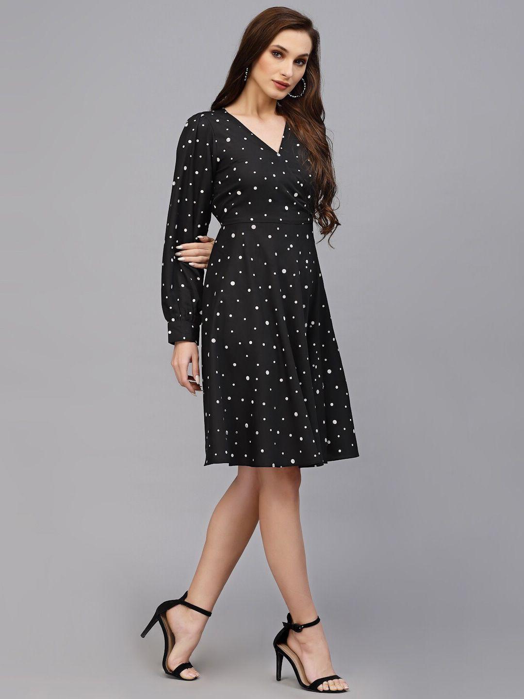 selvia polka dots printed cuffed sleeves fit & flare dress