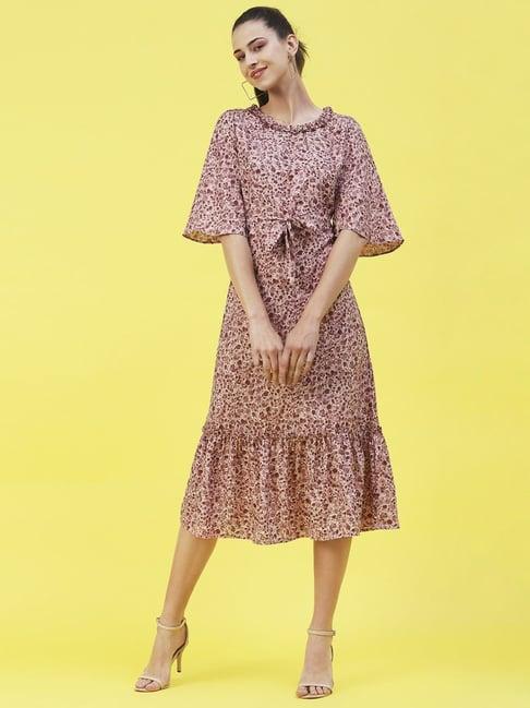 selvia purple & brown floral print a-line dress