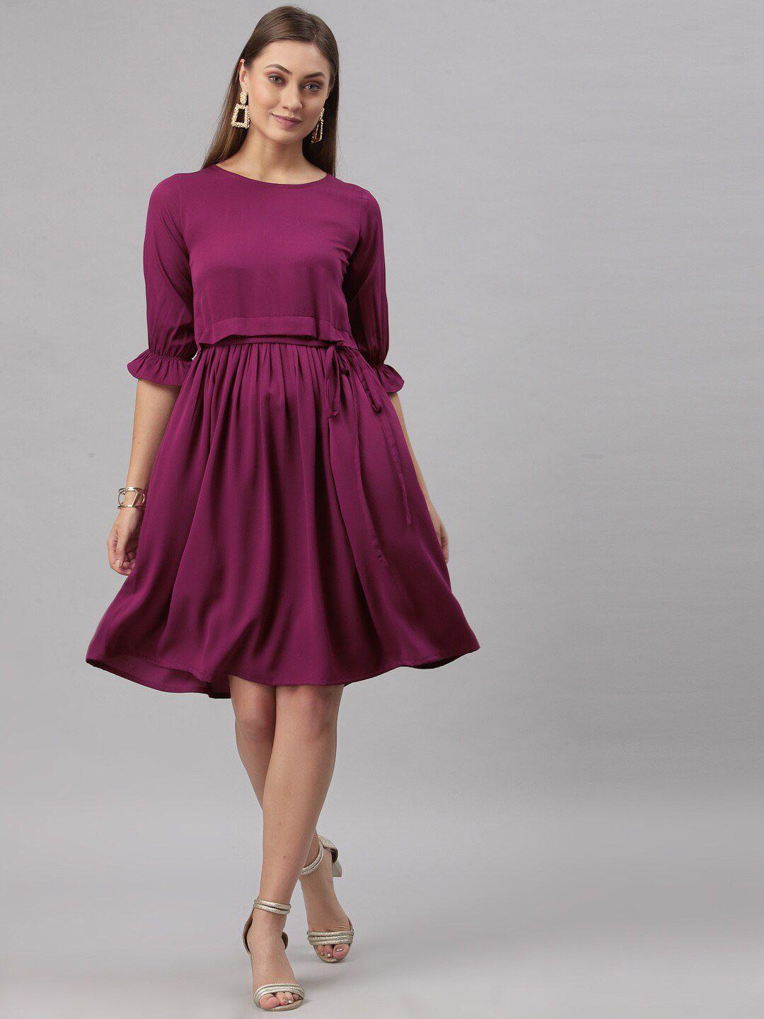selvia round neck crepe fit & flare dress with belt