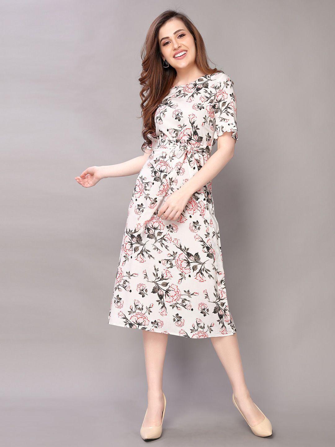 selvia round neck floral printed fit & flare midi dress with belt