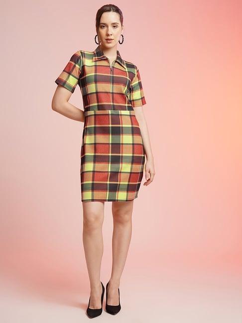 selvia rust & yellow checks bodycon dress