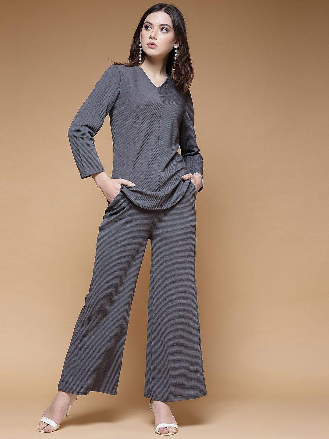 selvia self design v-neck knitted top with trouser co-ords