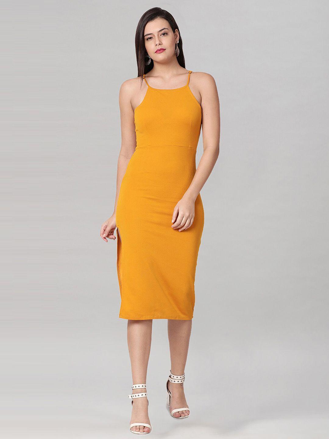 selvia shoulder straps side slit sheath midi dress