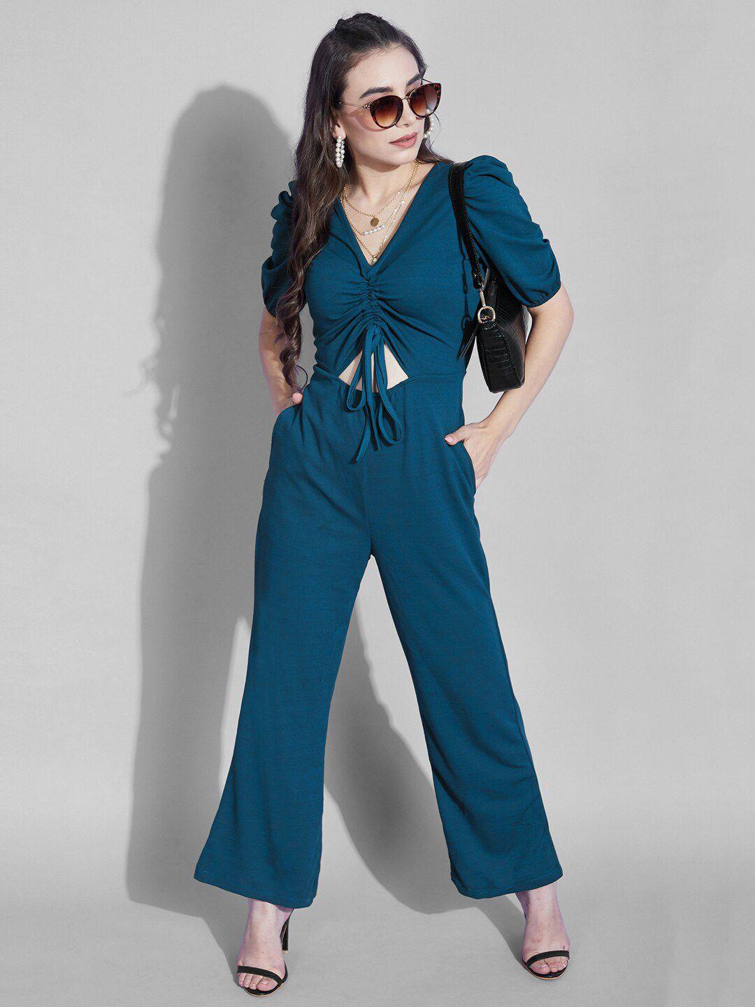 selvia teal blue solid basic jumpsuit