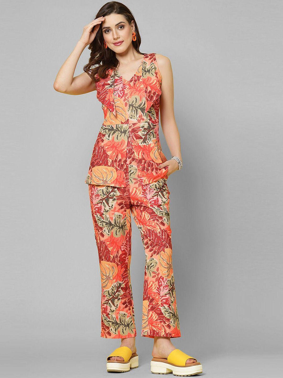 selvia tropical printed v-neck top with slip-on closure trousers