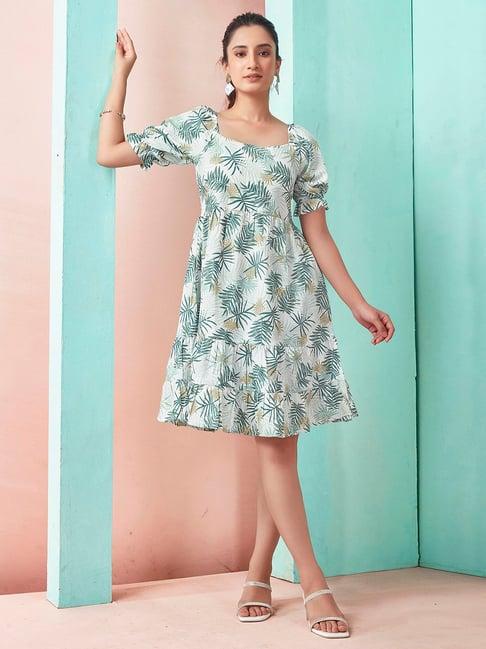 selvia white & green printed fit & flare dress