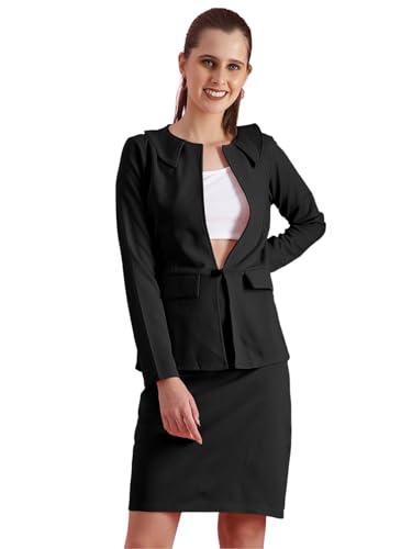 selvia women's co-ords set|lycra peter pan collar solid co-ords set|blazer & skirt co-ords set|two piece co-ord set|formal blazer set for women(675ctk11491n-l_black)