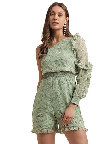 selvia women's printed one shoulder sleeve georgette asymmetric neck short junpsuit (381tk7135n-l_pista green)