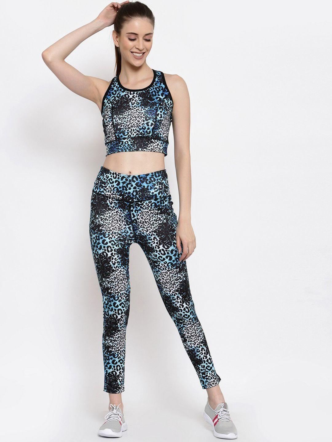 selvia women blue & white animal printed slim fit knitted tracksuit