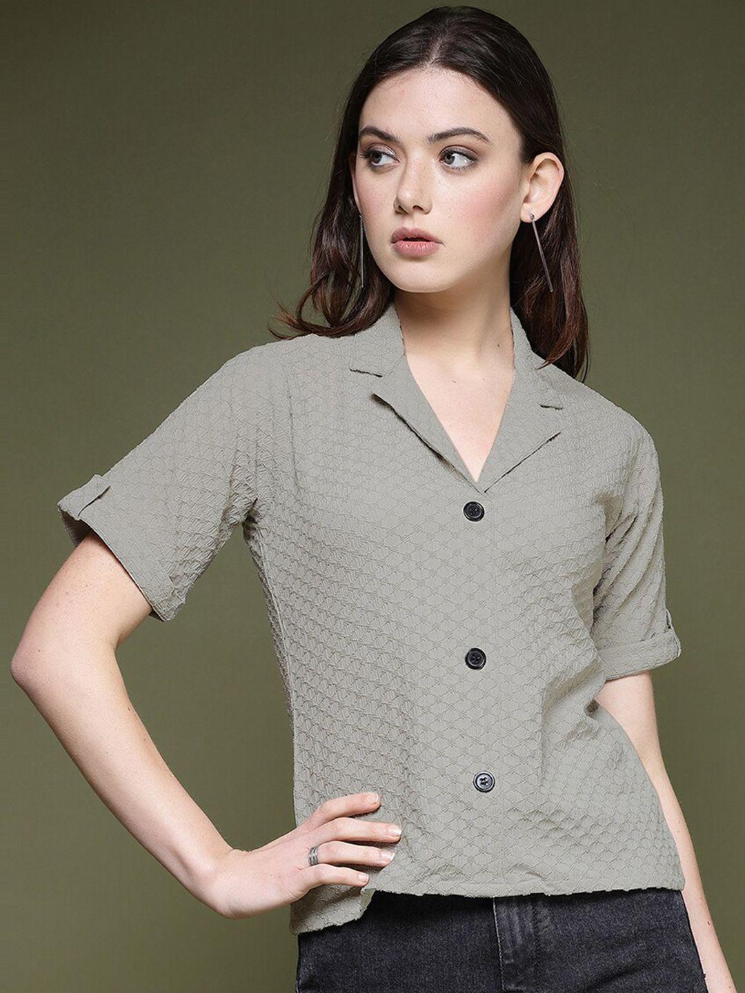 selvia women grey standard opaque printed casual shirt