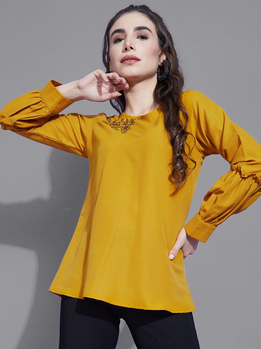 selvia women mustard yellow floral embroidered top