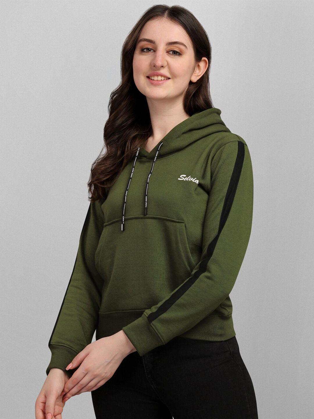 selvia women olive green & white brand logo printed hooded sweatshirt