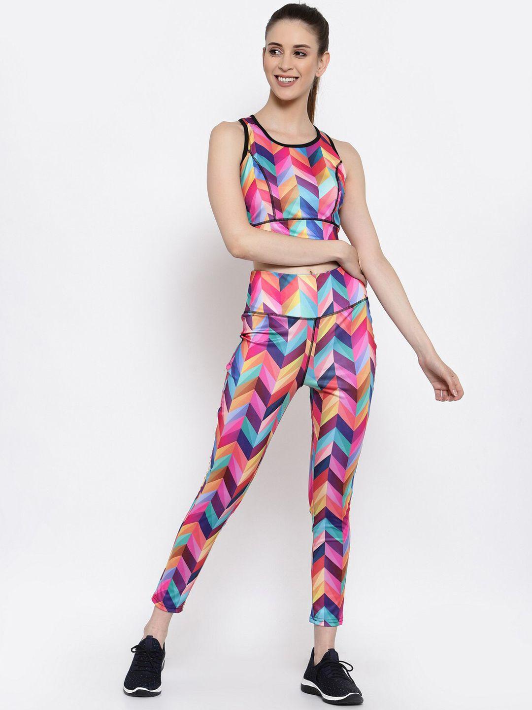 selvia women pink & blue geometric slim-fit tracksuit