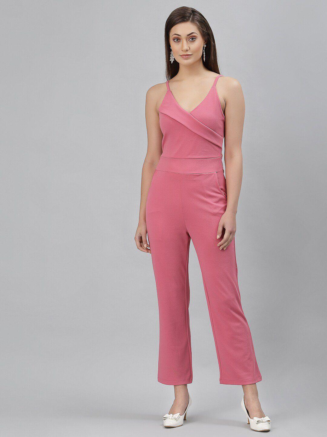 selvia women pink solid shoulder strap basic jumpsuit