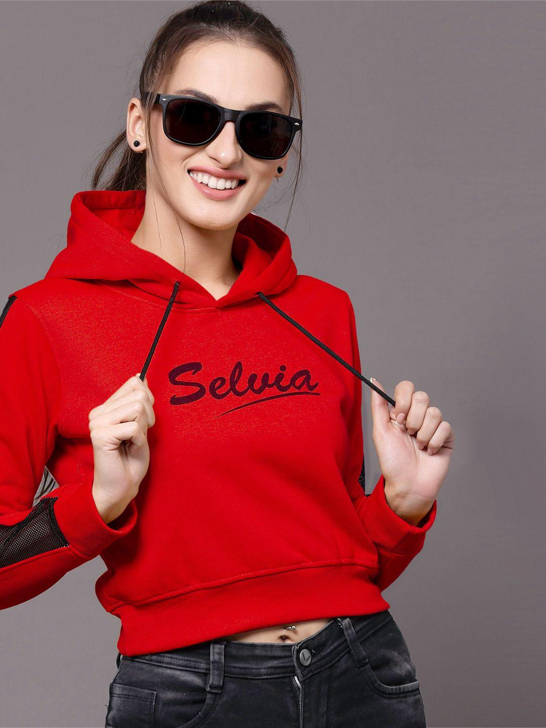 selvia women red & black brand logo printed hooded sweatshirt