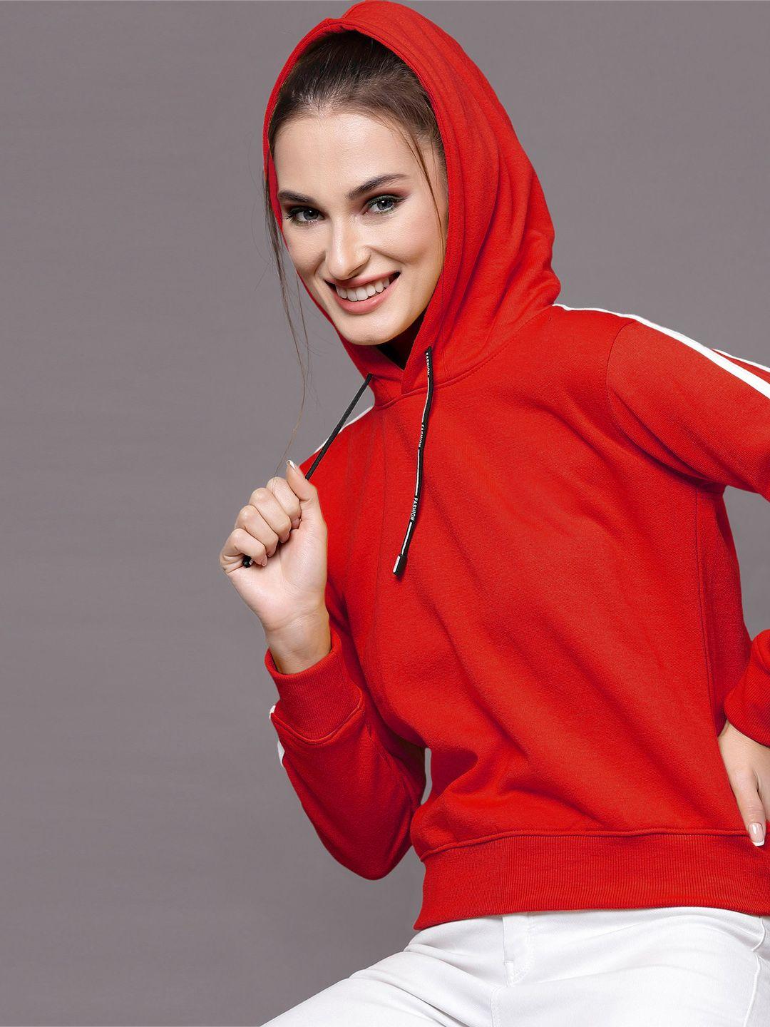 selvia women red solid hooded sweatshirt