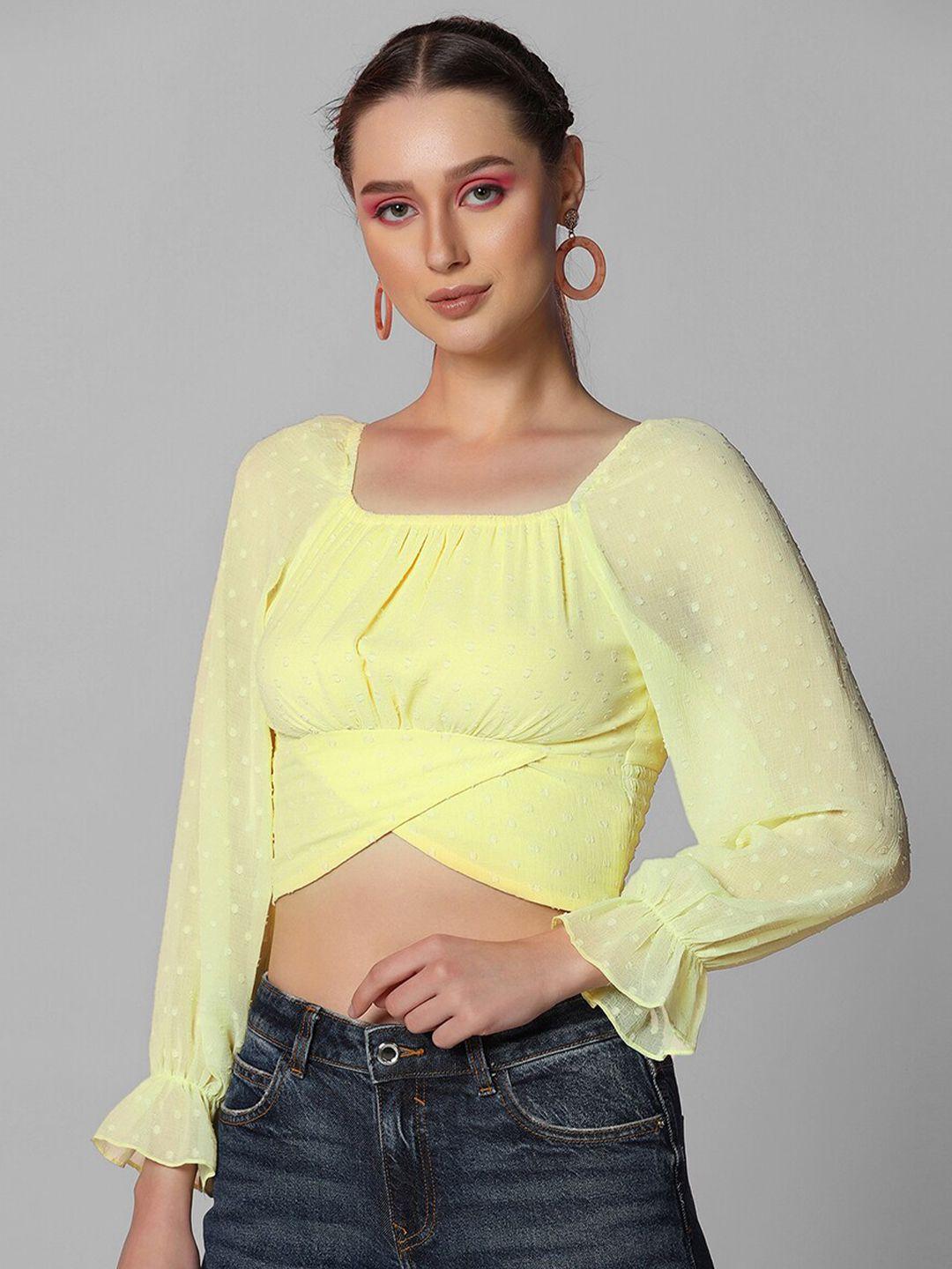 selvia yellow puff sleeve chiffon crop top