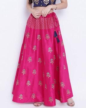 semi-dupion block print flared skirt