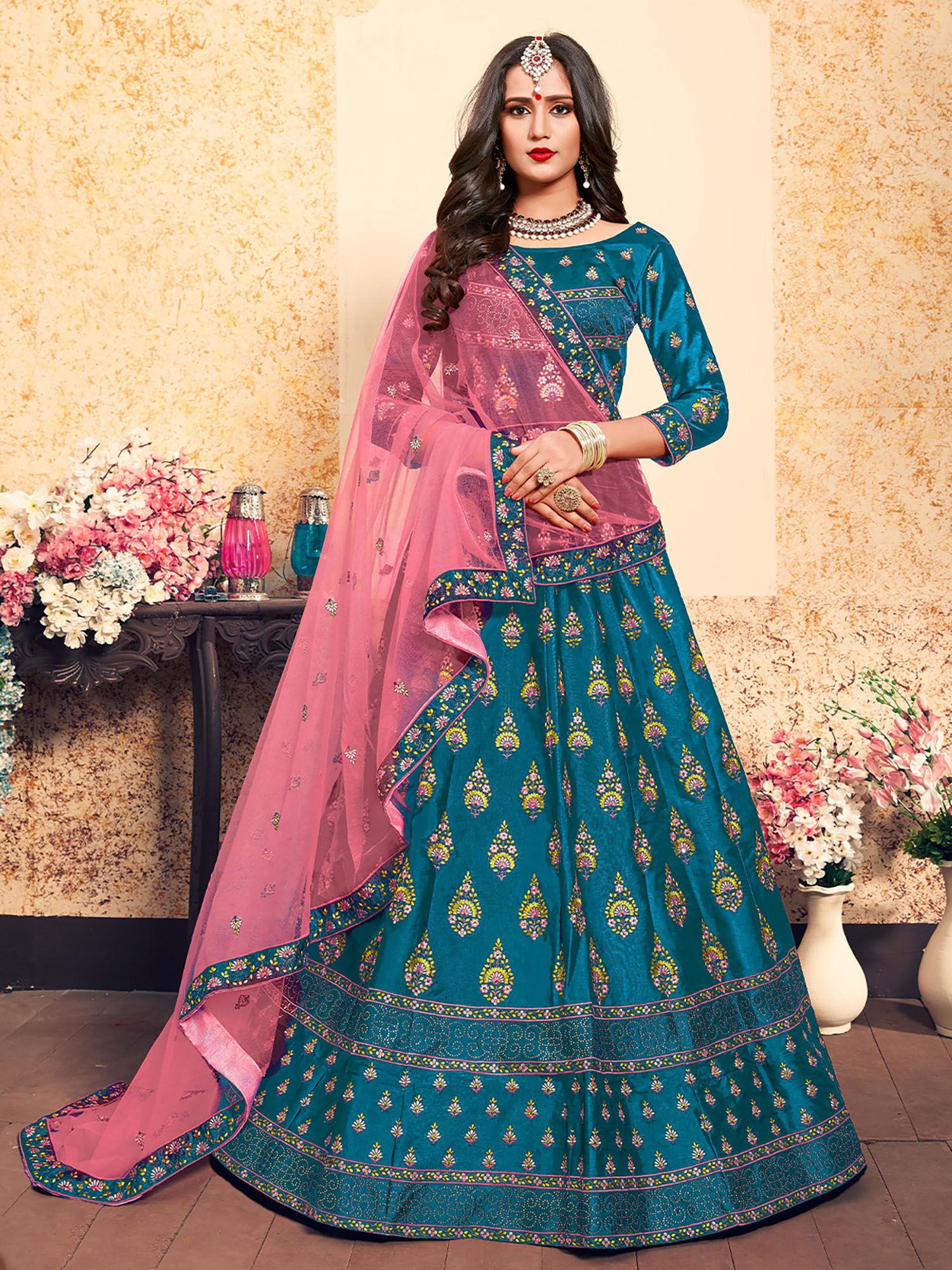 semi stitched teal embroidered semi stitched lehenga with unstitched blouse (set of 3)