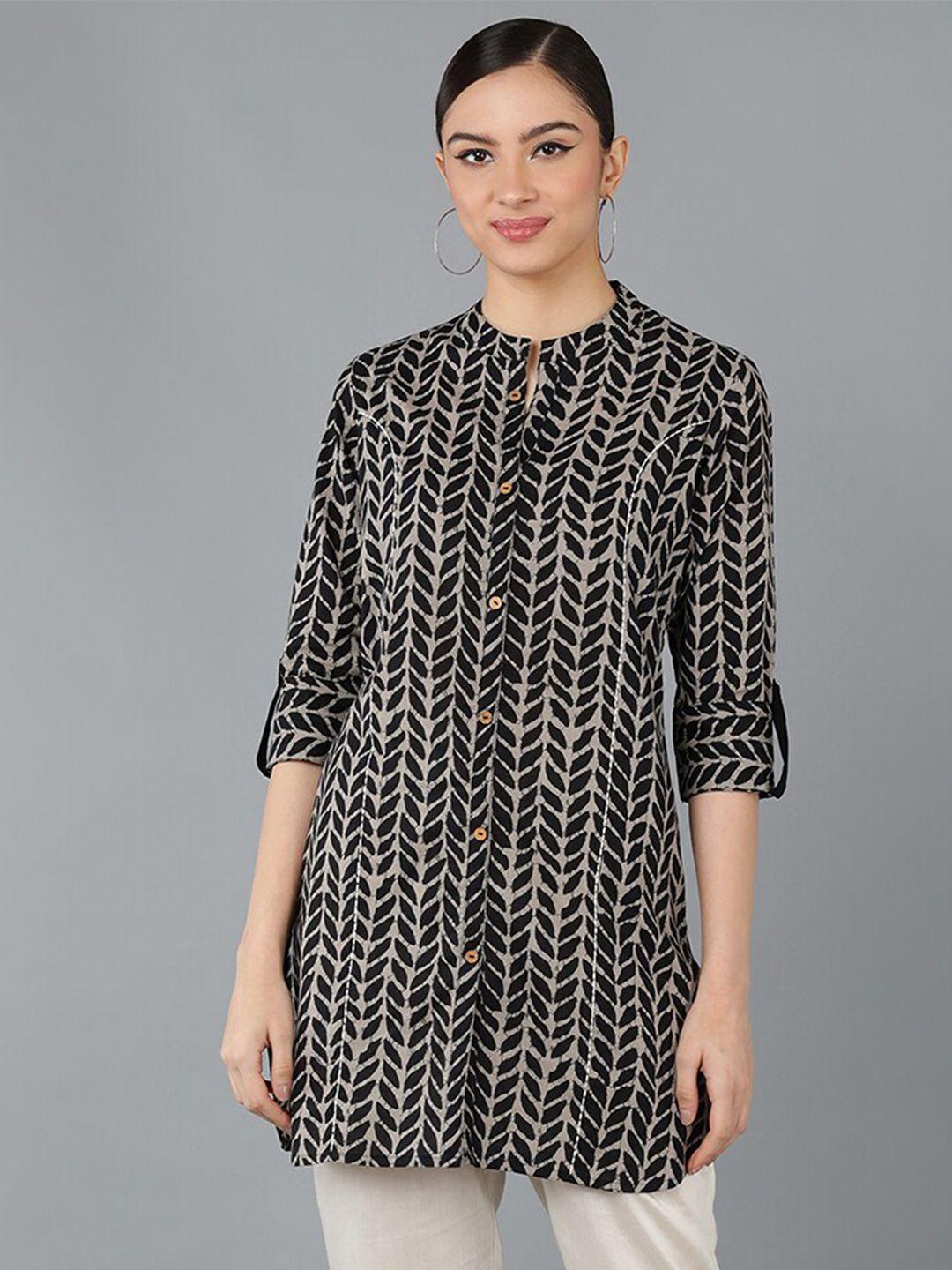 senyora black geometric print mandarin collar roll-up sleeves cotton top