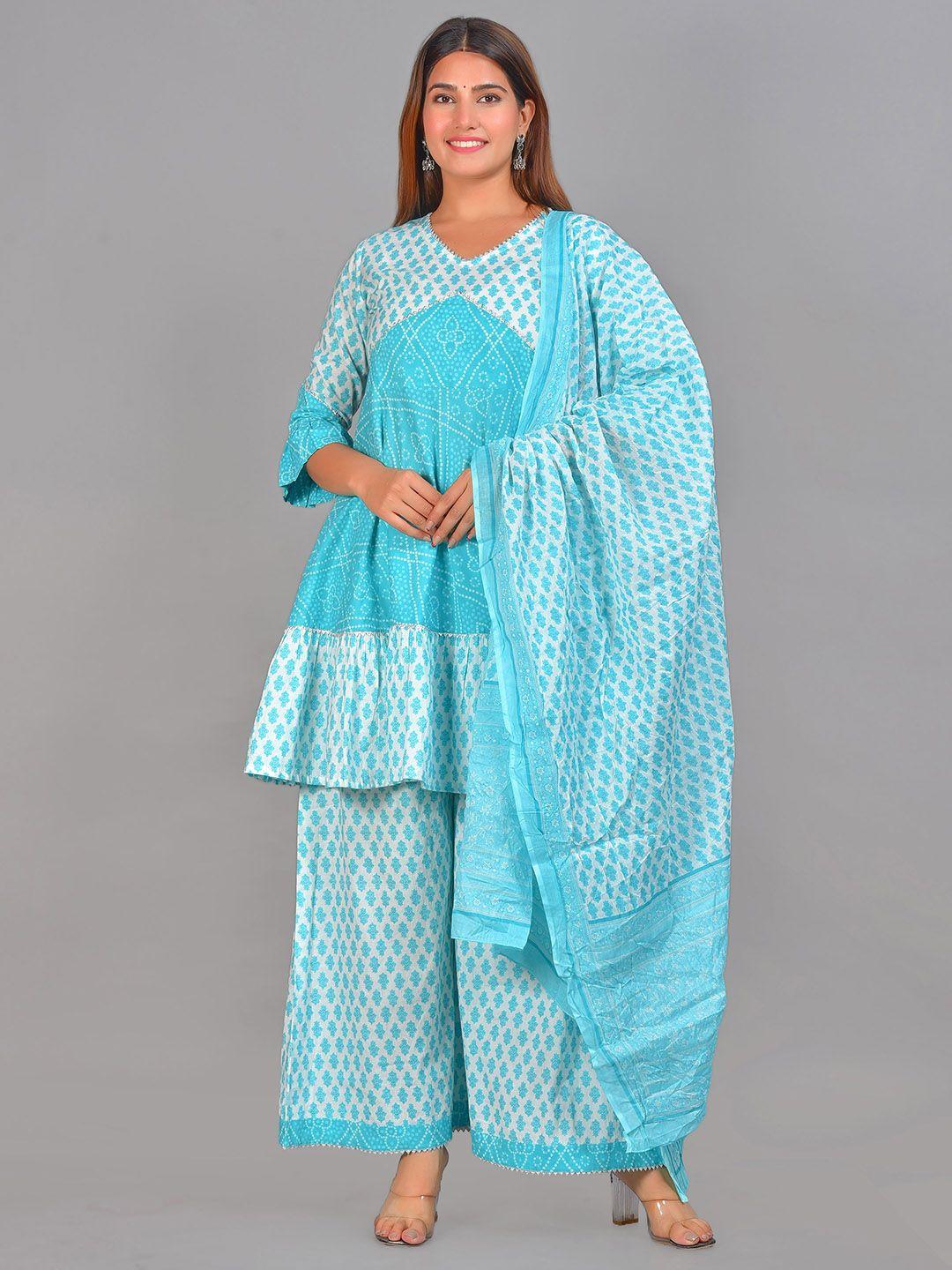 senyora blue bandhani printed pure cotton kurta with sharara & with dupatta