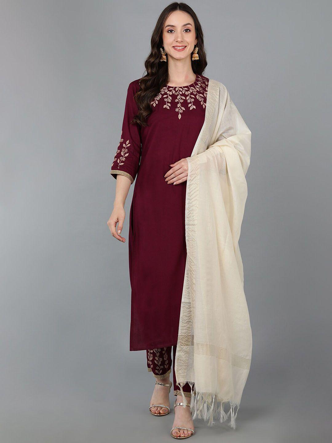 senyora floral embroidered thread work kurta with trousers & with dupatta