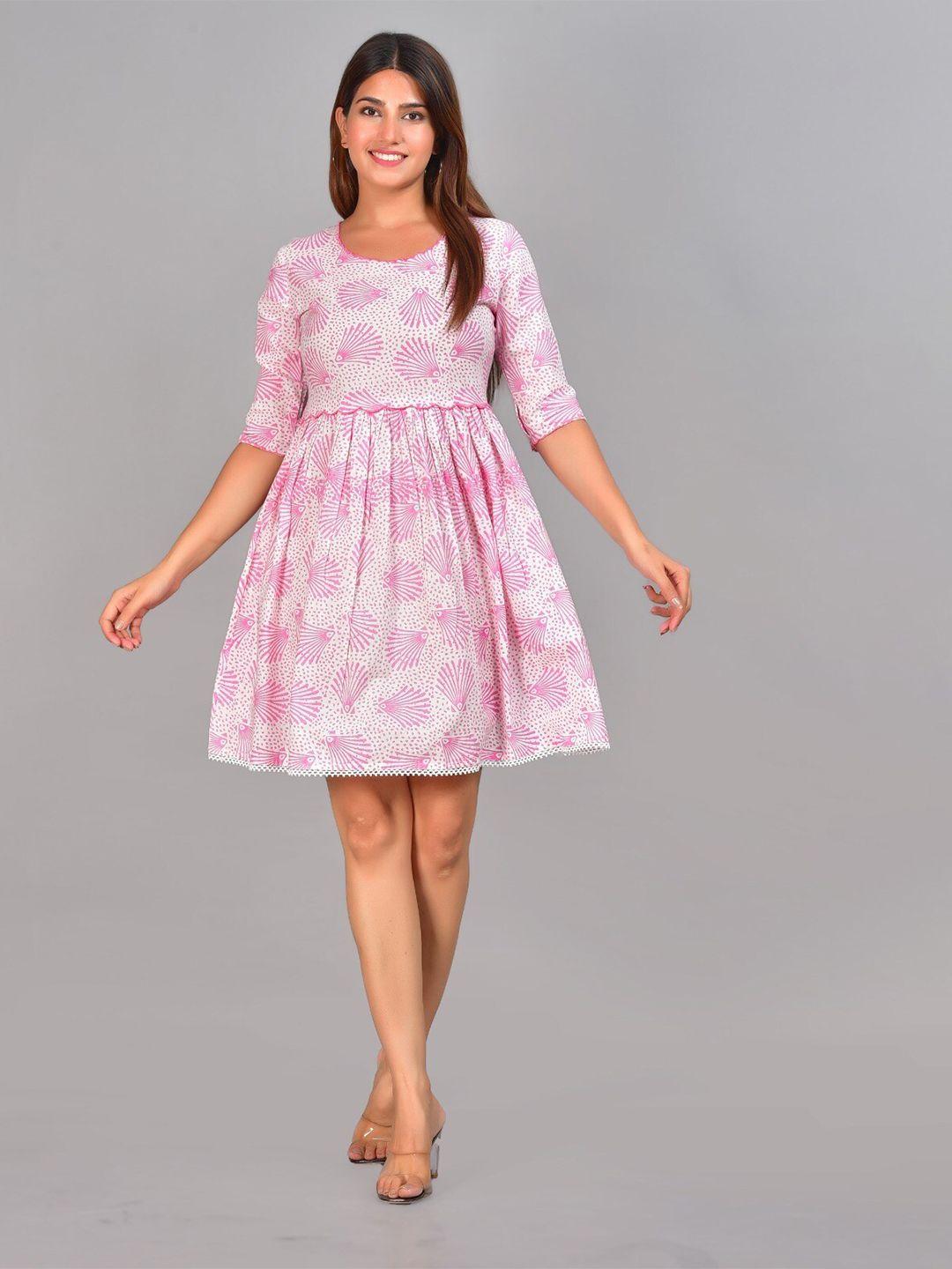 senyora floral printed puffed sleeves cotton fit & flare dress