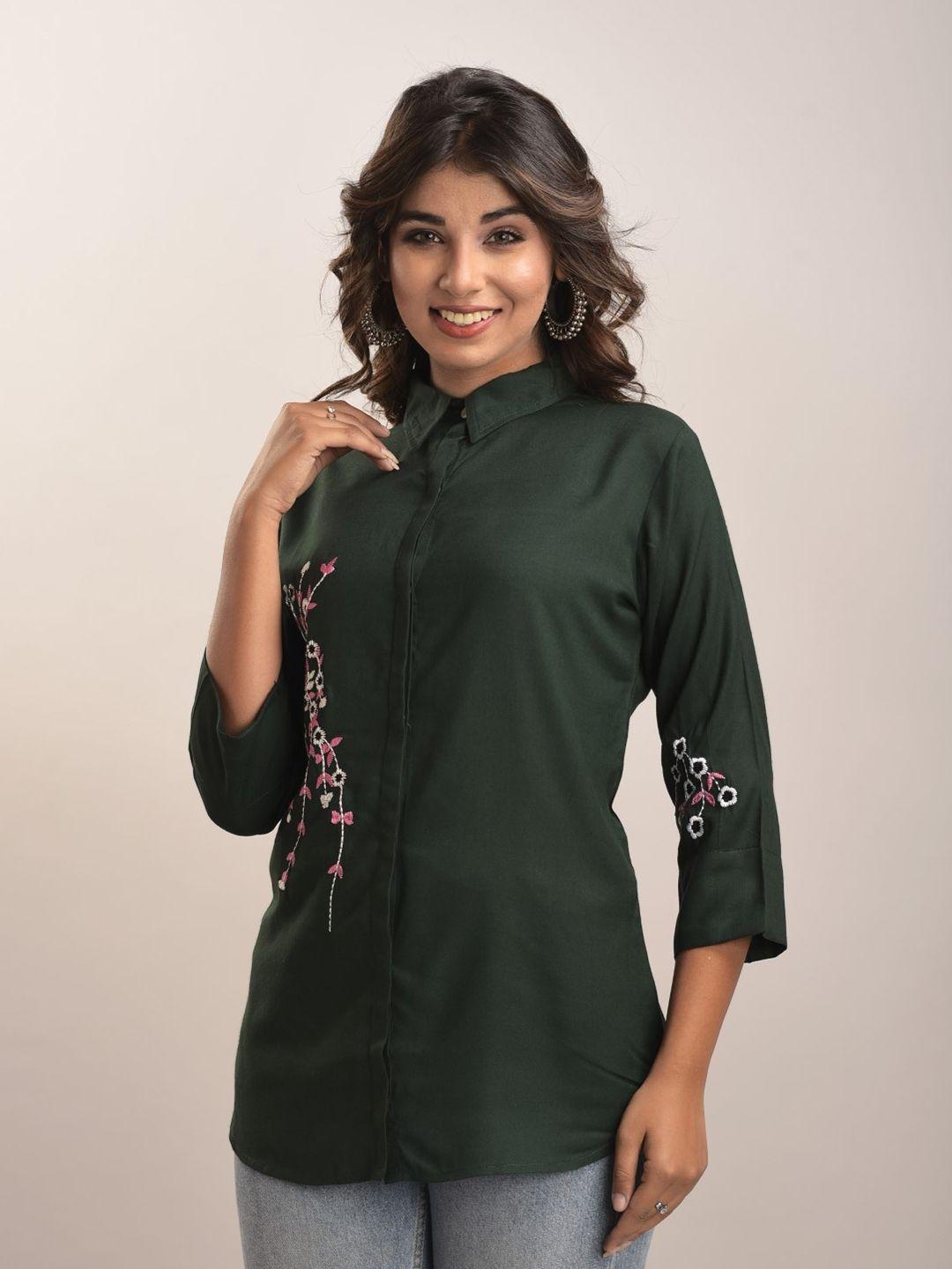 senyora green floral embroidered shirt style top