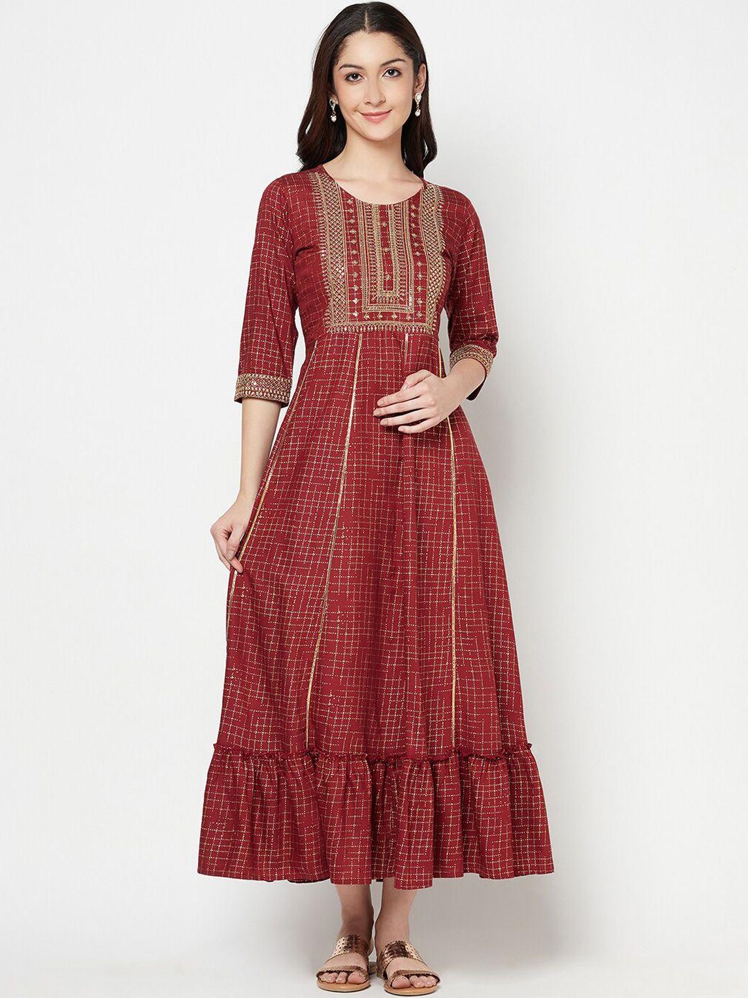 senyora maroon & gold-toned ethnic a-line maxi dress