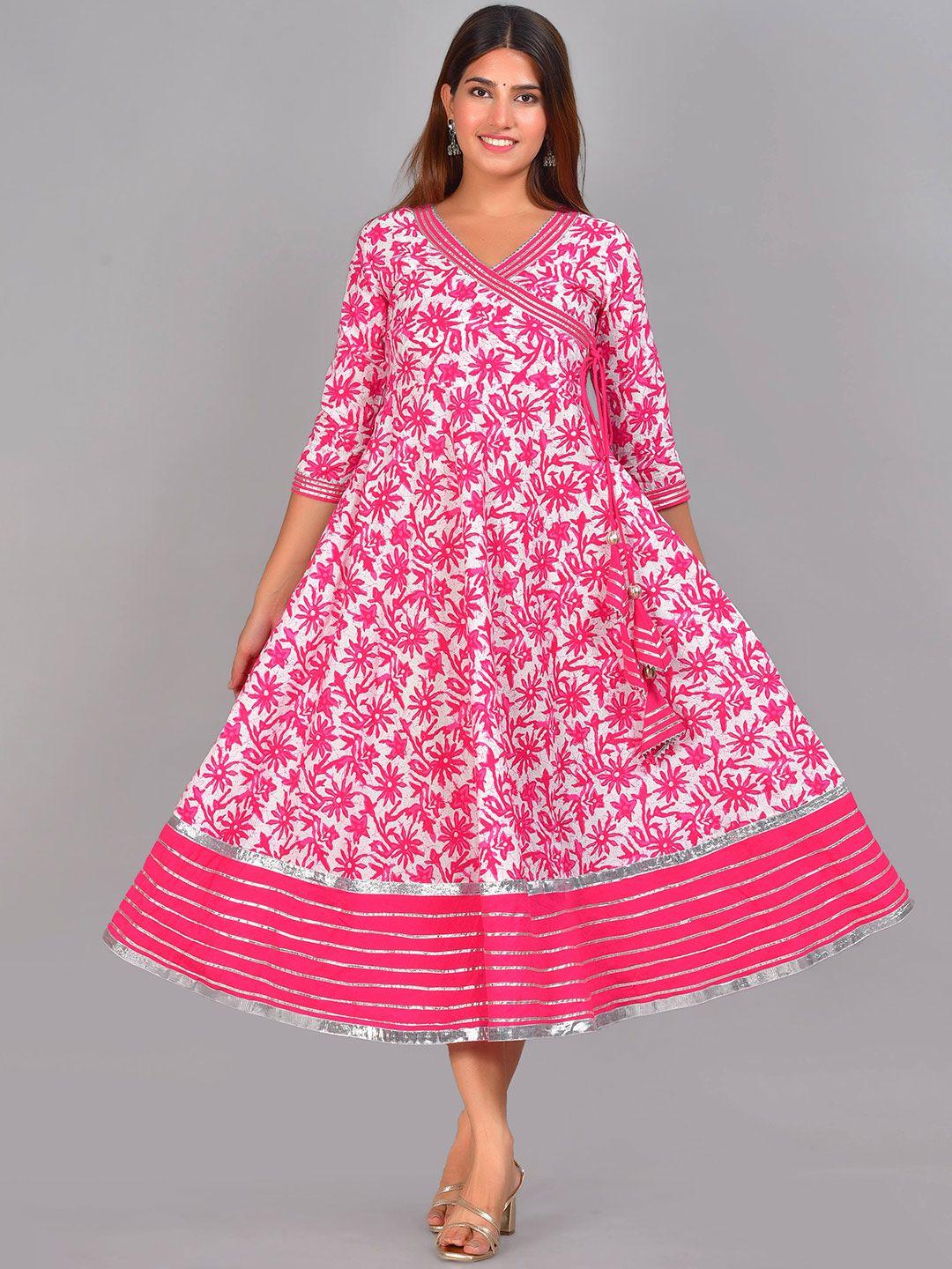 senyora pink floral cotton a-line midi dress