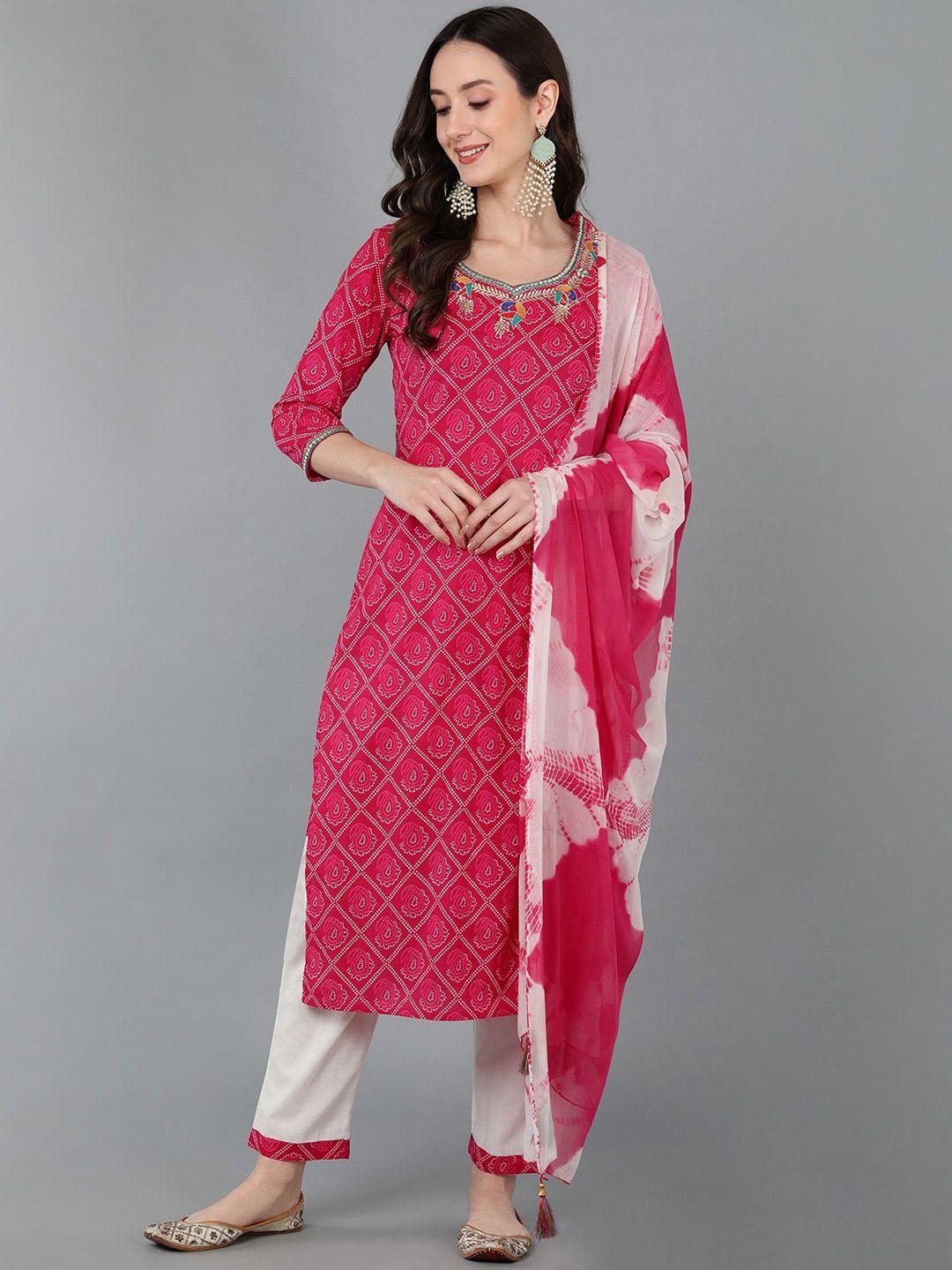 senyora women bandhani printed thread work pure cotton kurta with trousers & dupatta