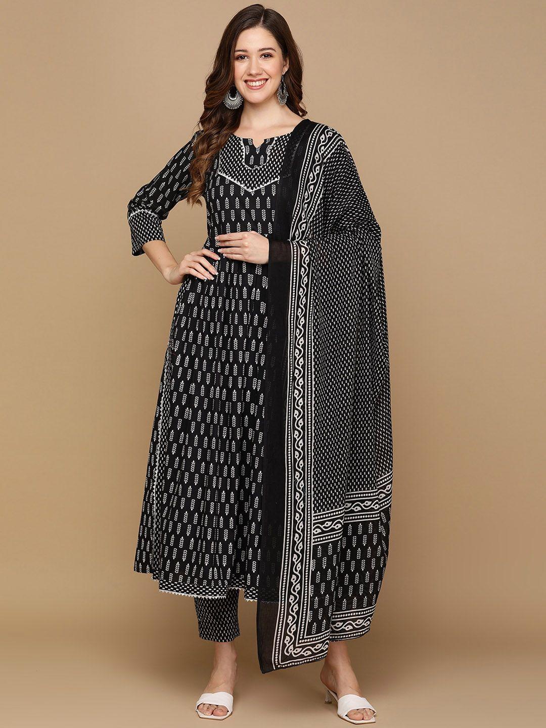 senyora women black ethnic motifs printed regular gotta patti pure cotton kurta with trousers & with dupatta
