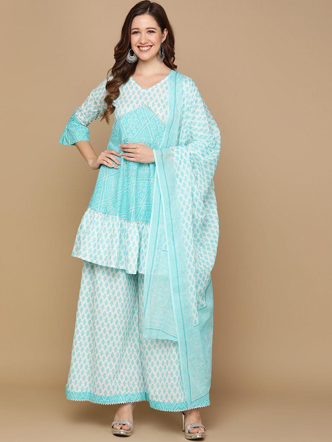 senyora women blue bandhani printed regular pure cotton kurta with sharara & with dupatta
