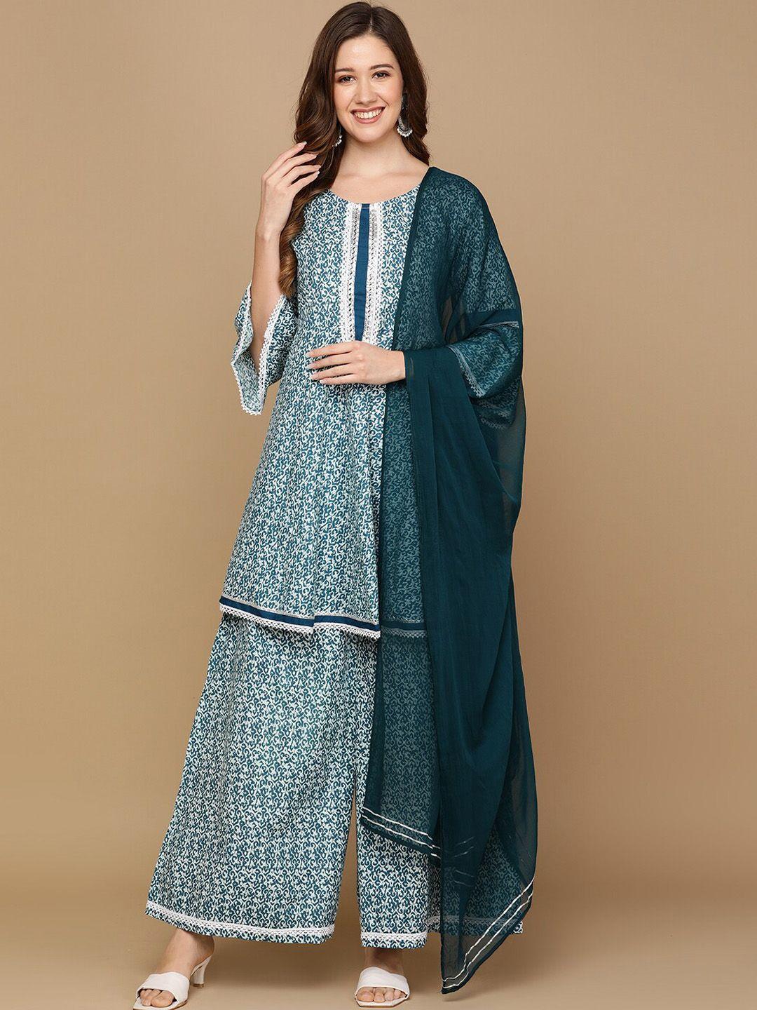 senyora women blue ethnic motifs printed regular gotta patti pure cotton kurta with sharara & with dupatta
