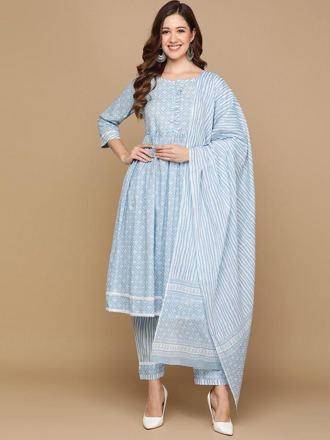 senyora women blue ethnic motifs printed regular pure cotton kurta with trousers & with dupatta