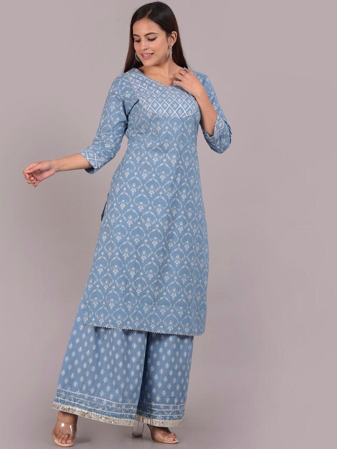 senyora women blue printed regular pure cotton kurta with palazzos