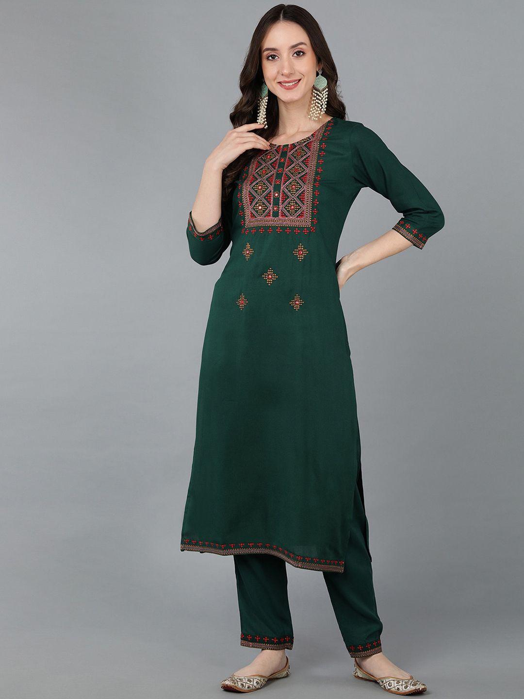 senyora women ethnic motifs embroidered thread work kurta with trousers