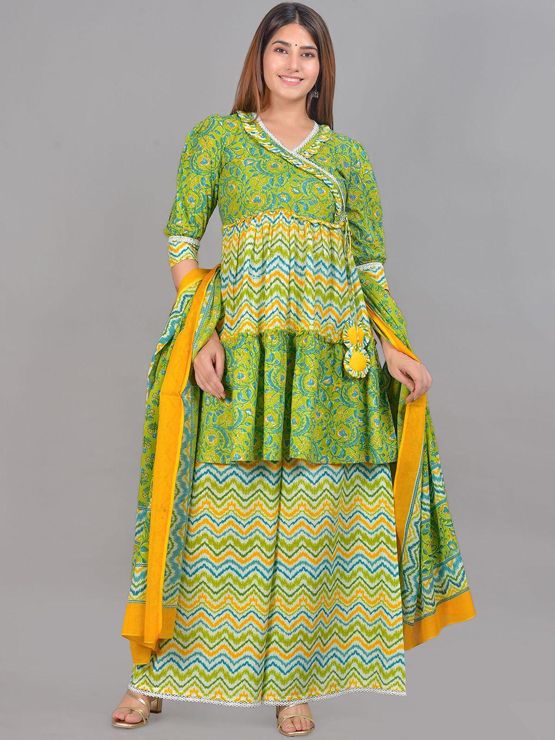 senyora women green floral printed angrakha pure cotton kurta with sharara & with dupatta