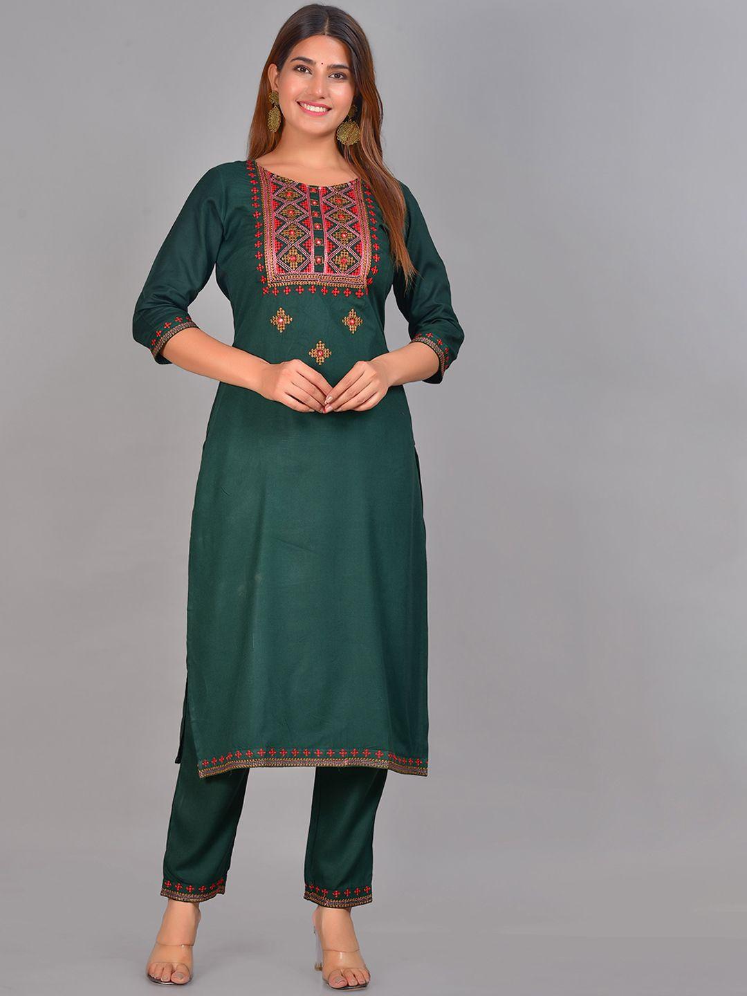 senyora women green yoke design thread work kurta with trouser set