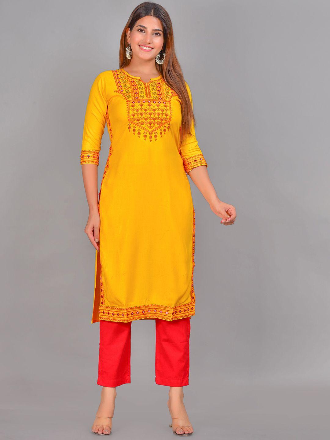 senyora women mustard yellow embroidered kurta with trousers