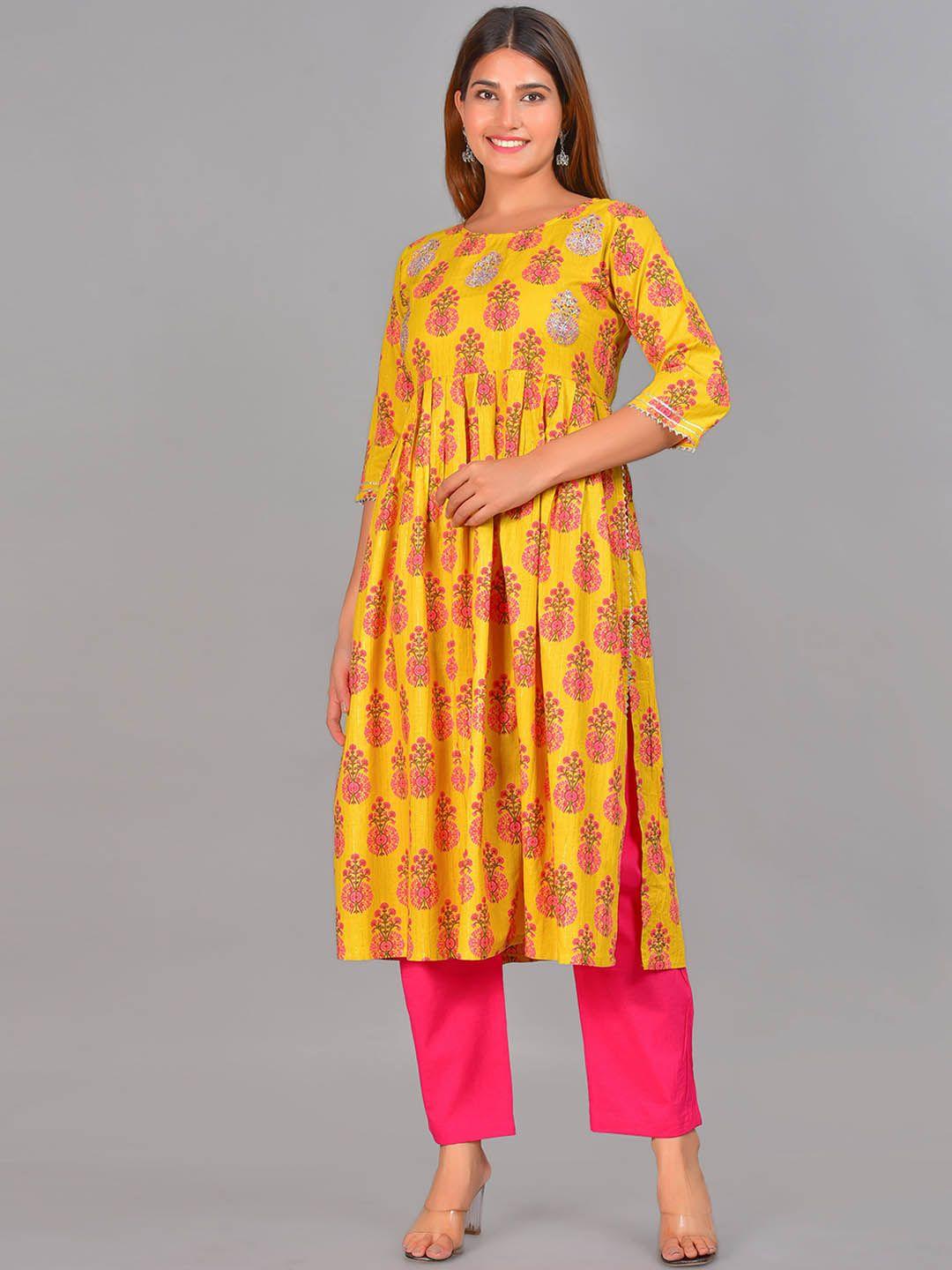 senyora women mustard yellow ethnic motifs printed pleated pure cotton kurta with trousers