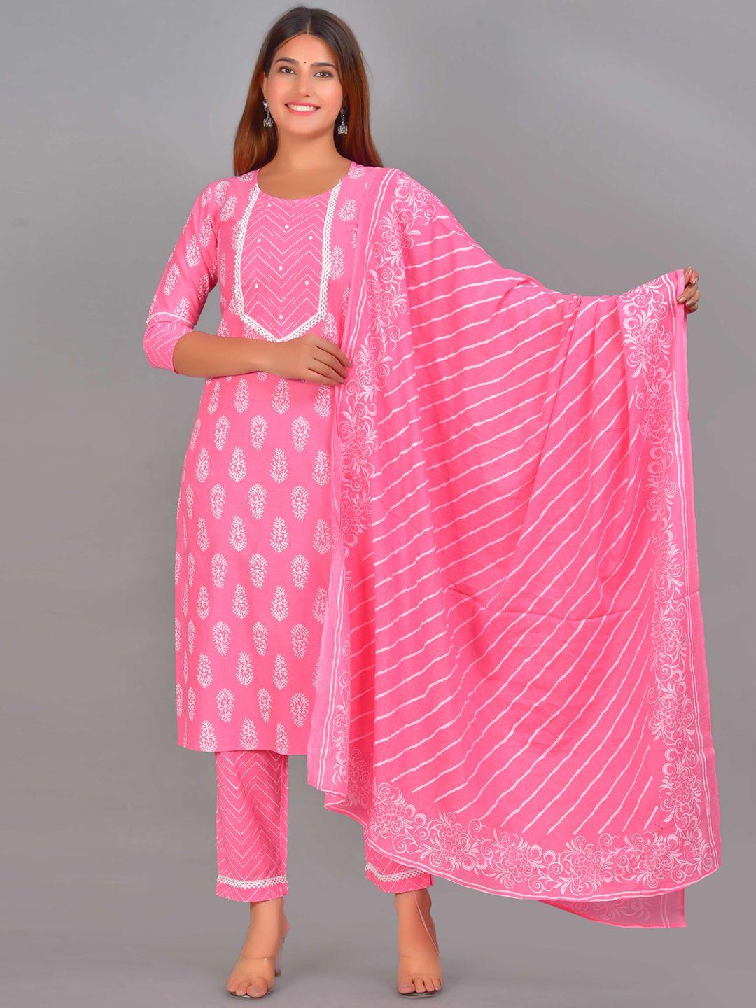 senyora women pink ethnic motifs printed pure cotton kurta with trousers & with dupatta