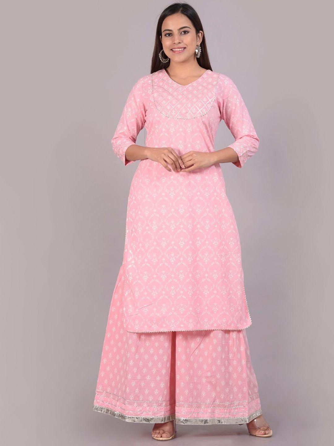 senyora women pink floral yoke design pleated pure cotton kurti with salwar & with dupatta