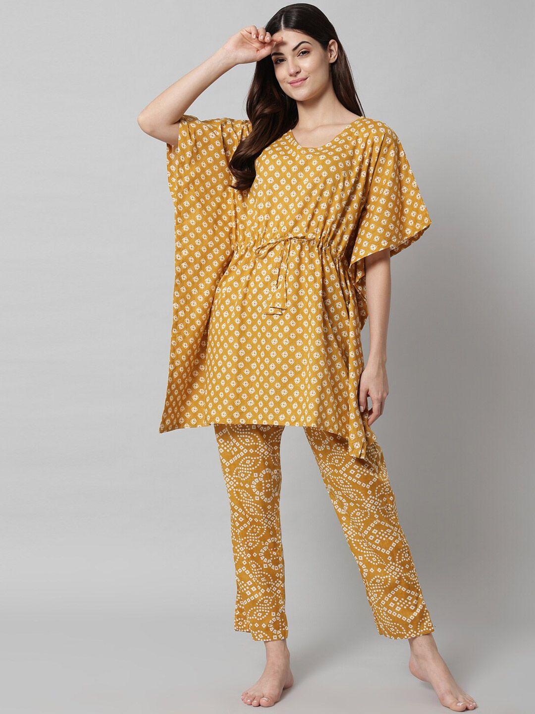 sephani women mustard & white printed v-neck night suit
