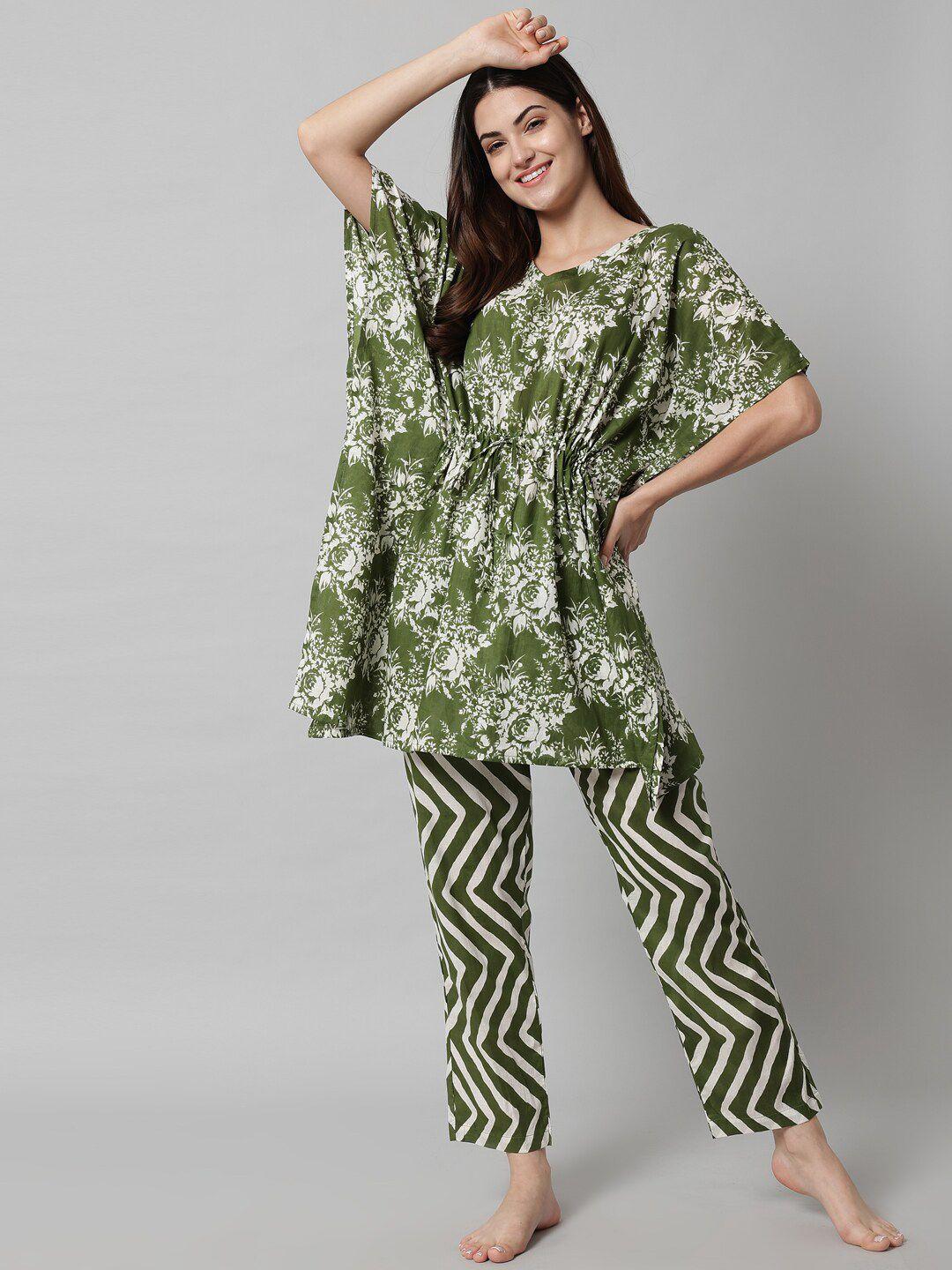 sephani women olive green printed cotton night suit