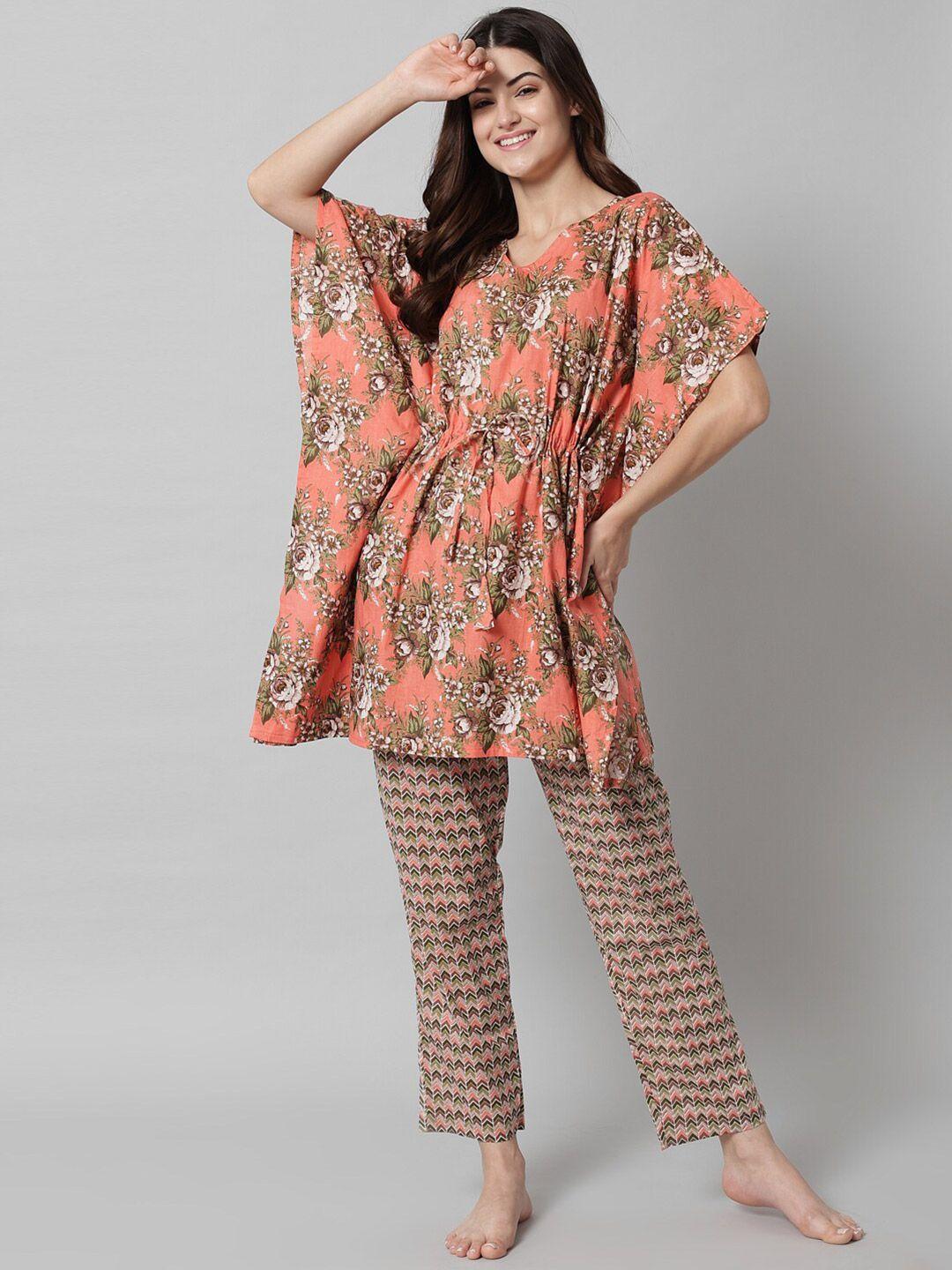 sephani-women-peach-floral-printed-kaftan-cotton-night-suit