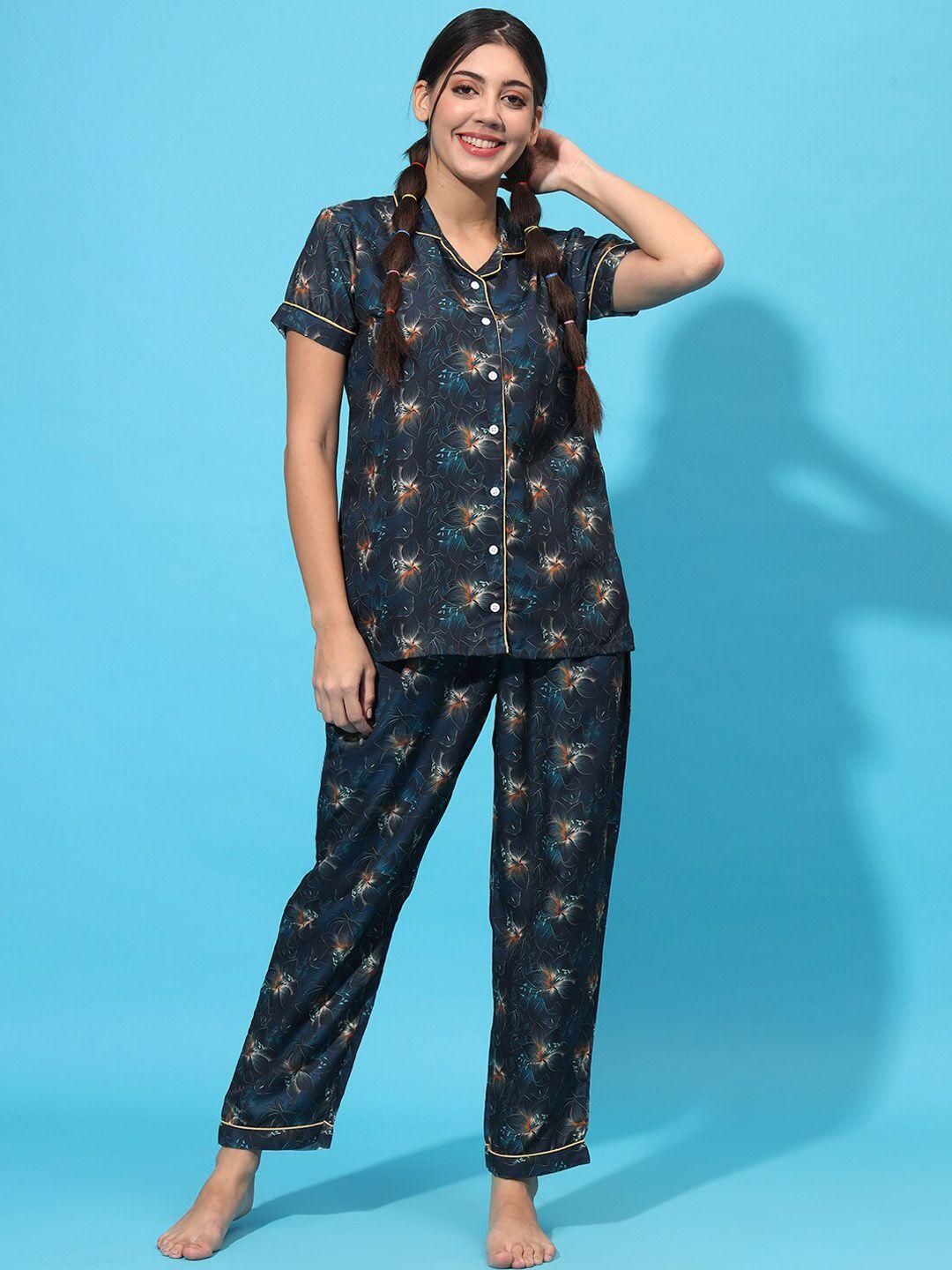 sephani floral printed lapel collar night suit