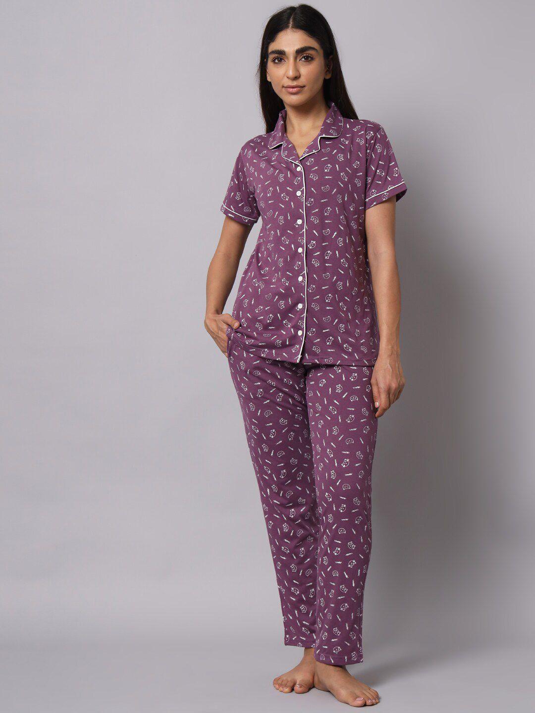 sephani women conversational printed pure cotton night suit